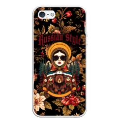 Чехол для iPhone 5/5S матовый Русские матрёшки и медведи на фоне хохломы