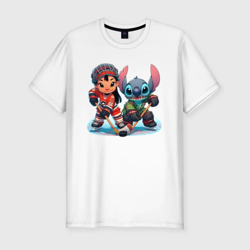 Мужская футболка хлопок Slim Хоккеисты Лило и Стич - нейроарт фантазия