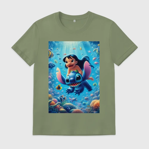 Мужская футболка хлопок Lilo and Stitch - diving among corals reef