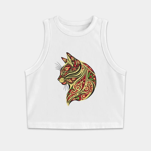 Женская укороченная майка-топ хлопок Кот в хохломской росписи