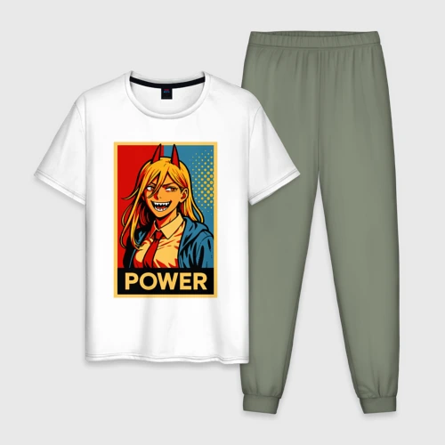 Мужская пижама с белой футболкой хлопок Power - Chainsaw man anime pop art