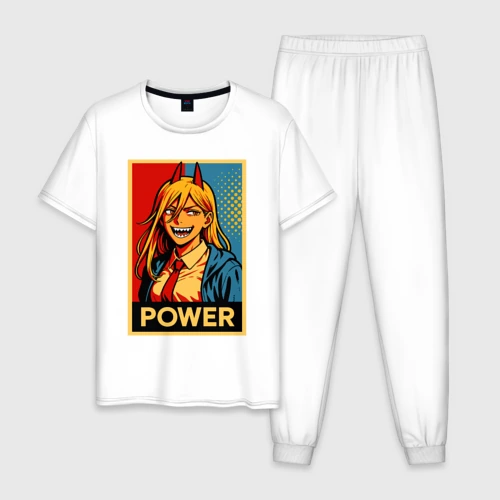 Мужская пижама с белой футболкой хлопок Power - Chainsaw man anime pop art