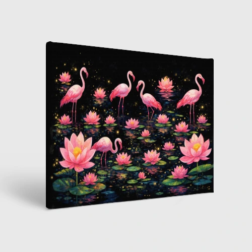 Холст прямоугольный Розовые фламинго и водяные лилии