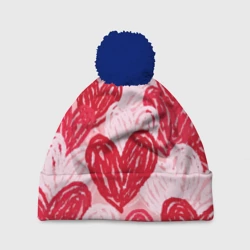 Шапка 3D c помпоном Нарисованные сердца узор