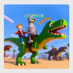 Магнитный плакат 3Х3 Bender and Fry on a tyrannosaurus - Minecraft style