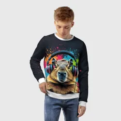 Детский свитшот 3D Капибара в наушниках на ярком фоне - фото 2