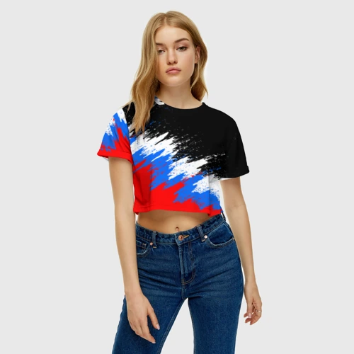 Женская футболка Crop-top 3D Флаг России брызги красок триколор РФ