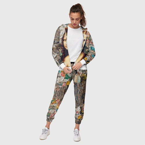 Женский костюм 3D с принтом Мона Лиза на кирпичной стене среди рваных афиш, фото на моделе #1