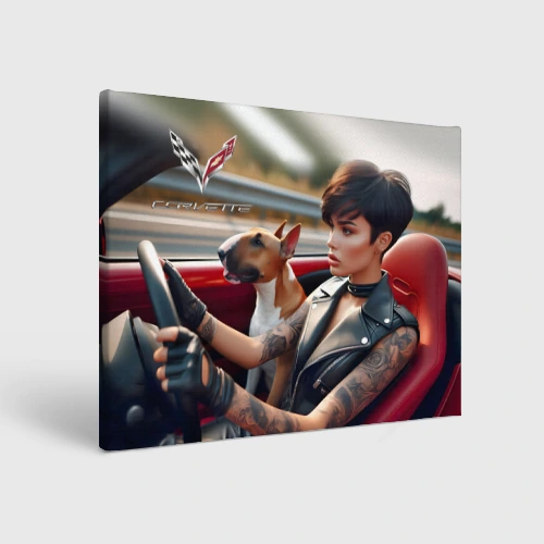 Холст прямоугольный Красотка со щенком бультерьера - Шевроле корвет