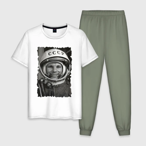Мужская пижама с белой футболкой хлопок Yuri Gagarin - never forget celebrity