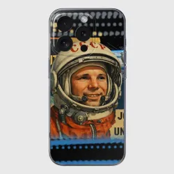 Чехол для iPhone 16 Pro силиконовый с защитой камеры Юрий Алексеевич Гагарин - космический коллаж