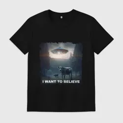 Мужская футболка хлопок I want to believe - НЛО и коровы, визит