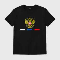 Мужская футболка хлопок Герб России и триколор РФ полосками
