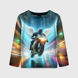 Детский лонгслив 3D The angel of motorcycling - neon glow