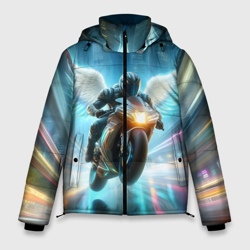 Мужская зимняя куртка 3D The angel of motorcycling - neon glow