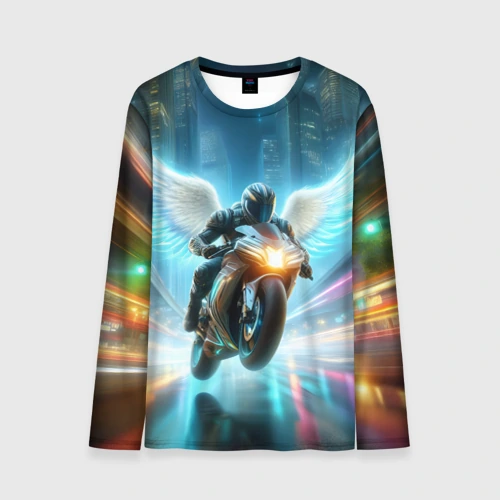 Мужской лонгслив 3D The angel of motorcycling - neon glow