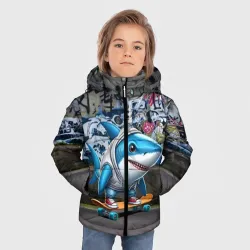 Зимняя куртка для мальчиков 3D Акула скейтбордер на фоне граффити на своём районе - фото 3
