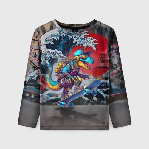 Детский лонгслив 3D Cool cyber dinosaur on skateboard graffiti
