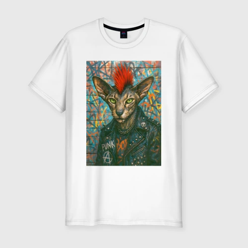 Мужская футболка хлопок Slim Oriental cat - punk's not dead motto