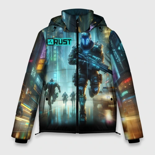 Мужская зимняя куртка 3D Video game rust - city battle neon glow