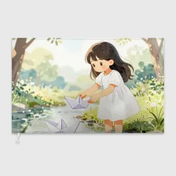 Флаг 3D Девочка и бумажный кораблик у ручья
