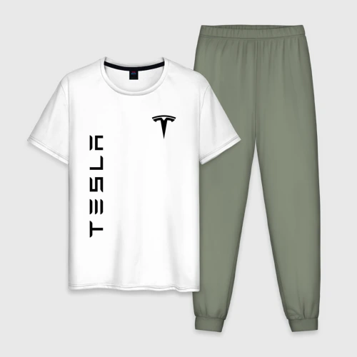 Мужская пижама с белой футболкой хлопок Tesla logo black на груди