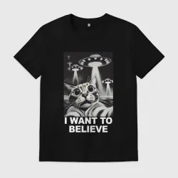 Мужская футболка хлопок Кот и пришельцы на НЛО i want to believe