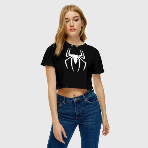 Женская футболка Crop-top 3D Человек паук белый лого на красном брызги краски