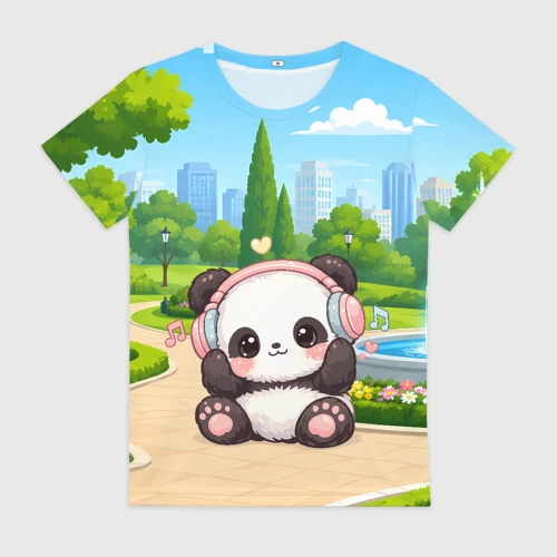 Женская футболка 3D с принтом Милая панда в наушниках   kawaii иллюстрация для любителей музыки, вид спереди #2