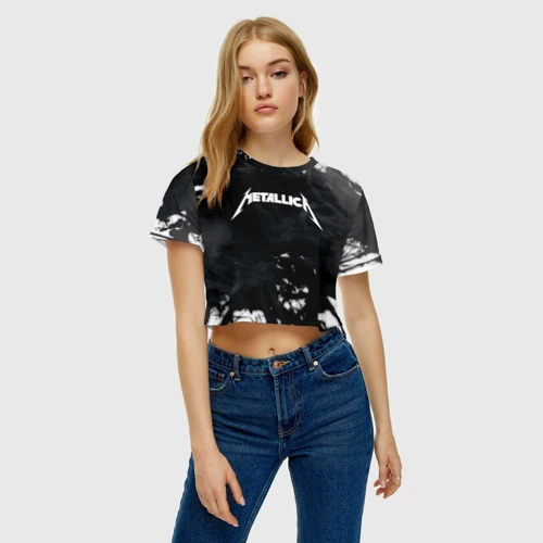 Женская футболка Crop-top 3D Metallica black white smoke 