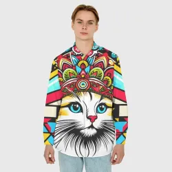 Мужская рубашка oversize 3D The cat in the kokoshnik is a kokoshka pop art meme - фото 2