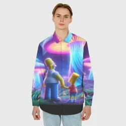 Мужская рубашка oversize 3D Гомер и Барт Симпсоны в шоке от неонового гриба - фото 2