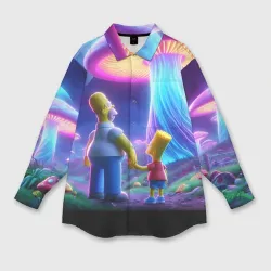 Мужская рубашка oversize 3D Гомер и Барт Симпсоны в шоке от неонового гриба
