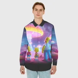 Мужская рубашка oversize 3D Гомер Барт и Лиза Симпсоны на планете гигантских неоновых грибов - фото 2