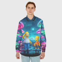 Мужская рубашка oversize 3D Барт и Гомер Симпсоны на планете гигантских неоновых грибов - фото 2