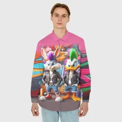 Мужская рубашка oversize 3D Панки Багз Банни и Даффи Дак на фоне граффити - фото 2
