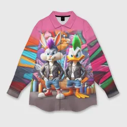 Мужская рубашка oversize 3D Панки Багз Банни и Даффи Дак на фоне граффити