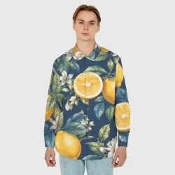 Мужская рубашка oversize 3D Лимоны в цветах  - фото 2