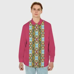 Мужская рубашка oversize 3D Этнический разноцветный орнамент на красном фоне  - фото 2