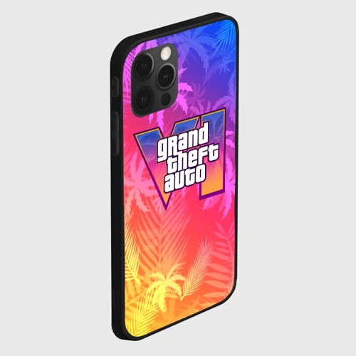 Чехол для iPhone 12 Pro Max с принтом GTA 6 градиент и пальмы в стиле игры, вид сбоку #3