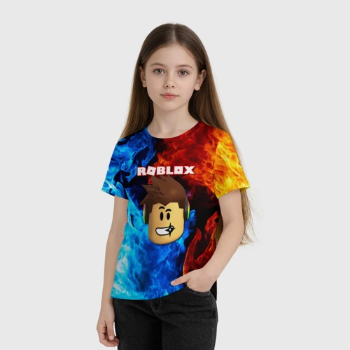 Детская футболка 3D с принтом Roblox голова героя в огне, фото на моделе #1
